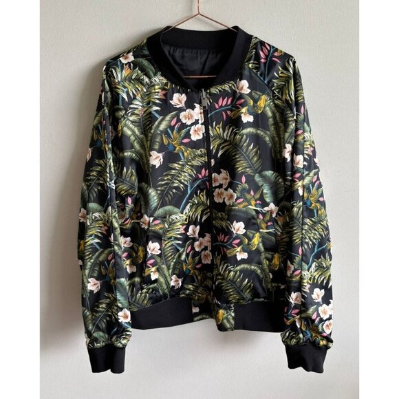 H&M Mens Reversible Bomber Jacket Floral Colorful Ribbed Cuffs Full Zip Sz XL - Picture 1 of 9